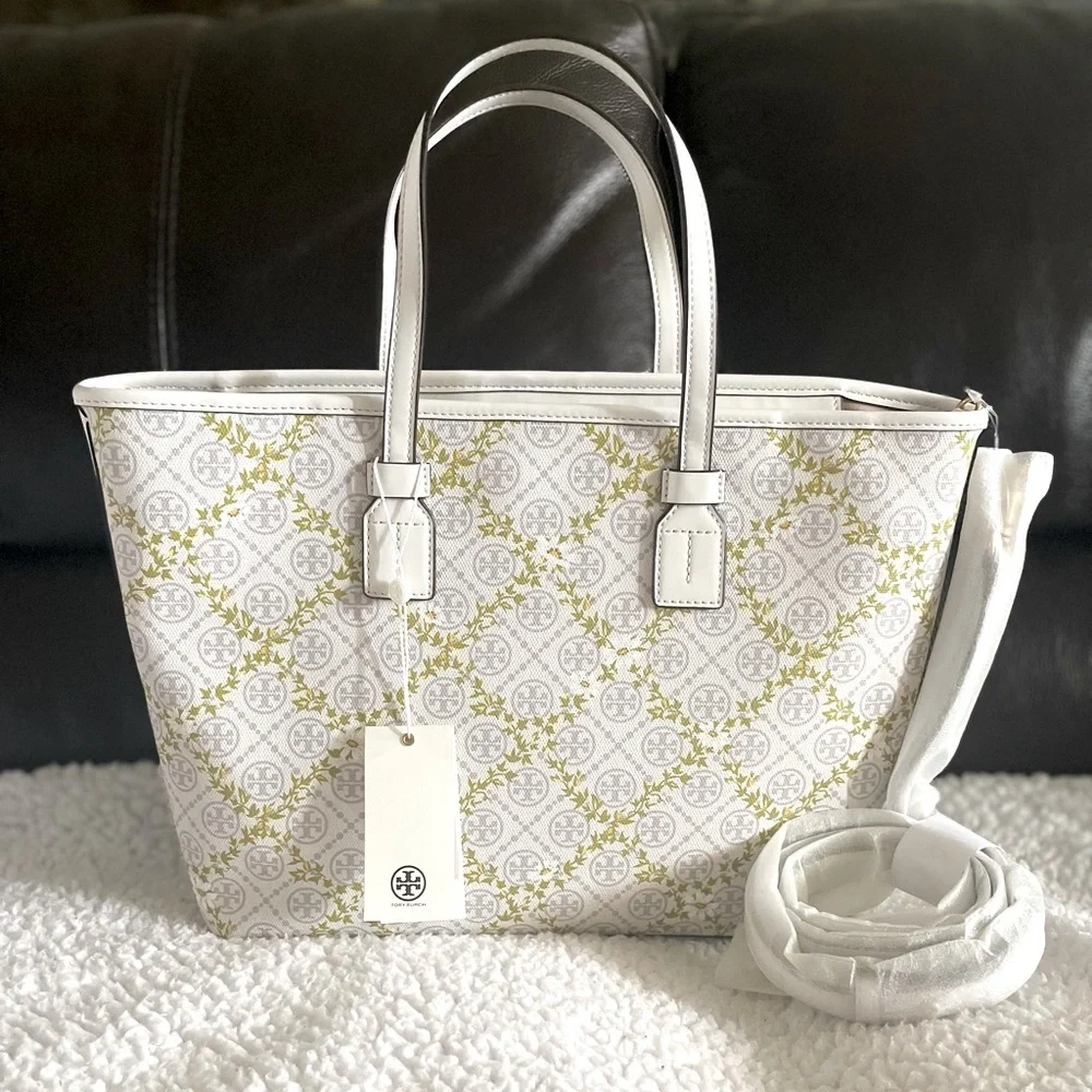 Tory Burch Women's T Monogram Canvas Floral Vine Small Tote - Picture 2 of 11